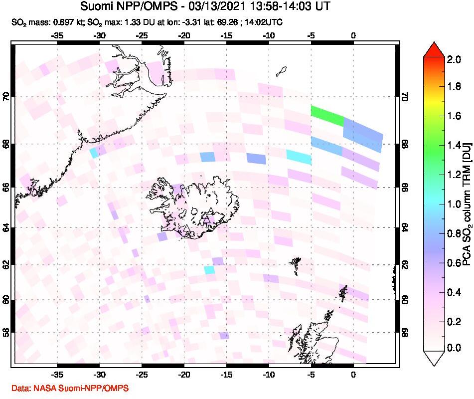 A sulfur dioxide image over Iceland on Mar 13, 2021.