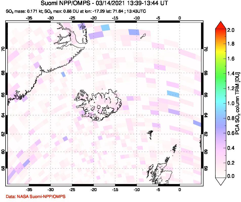A sulfur dioxide image over Iceland on Mar 14, 2021.