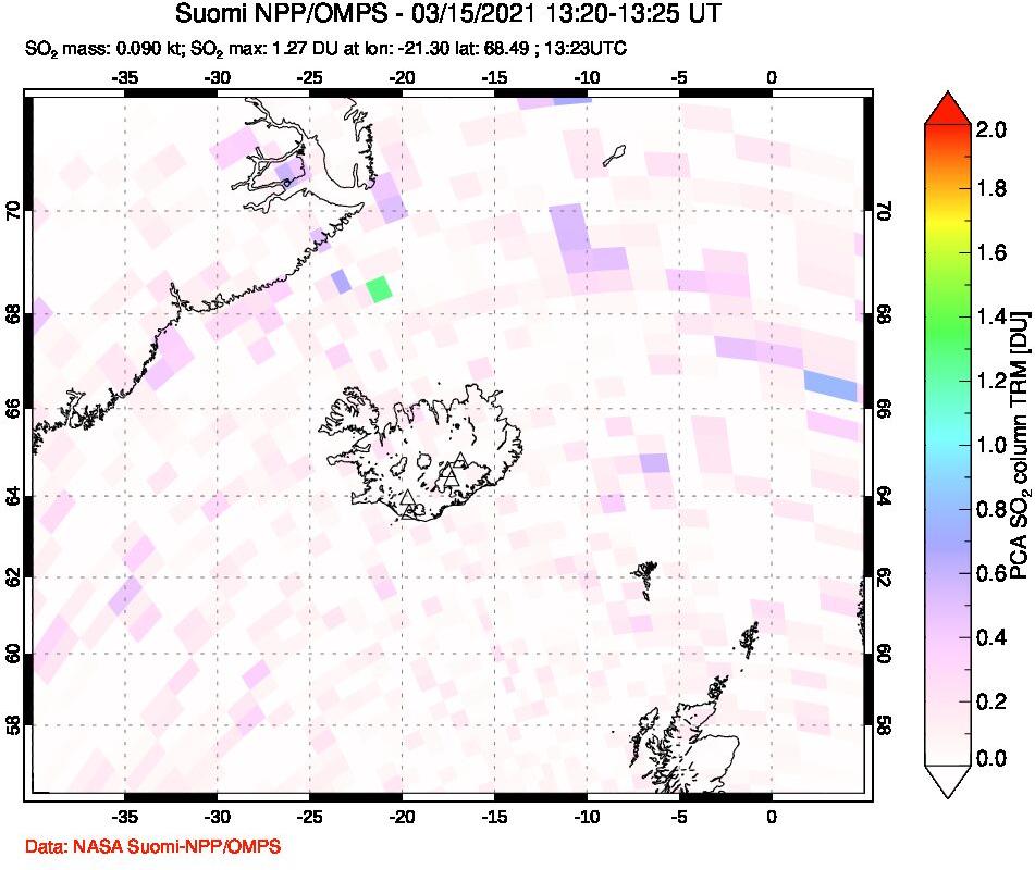 A sulfur dioxide image over Iceland on Mar 15, 2021.