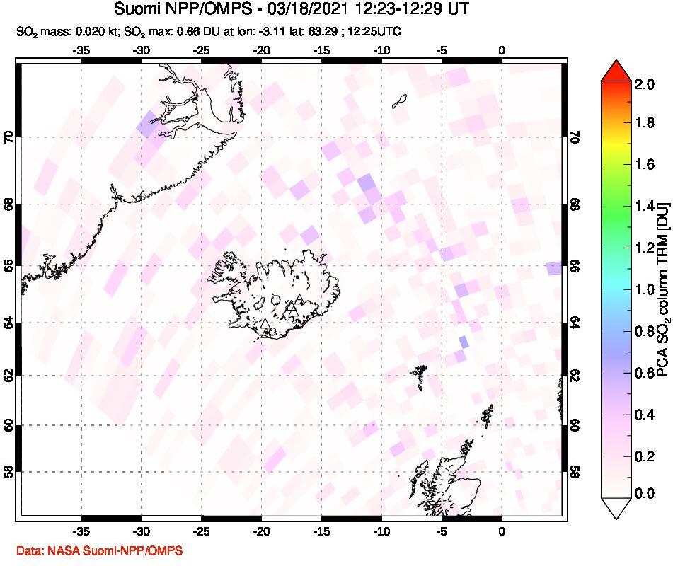 A sulfur dioxide image over Iceland on Mar 18, 2021.