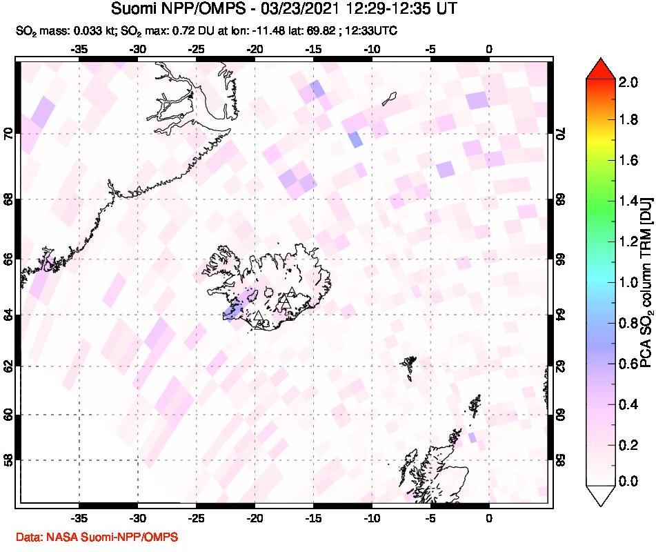 A sulfur dioxide image over Iceland on Mar 23, 2021.