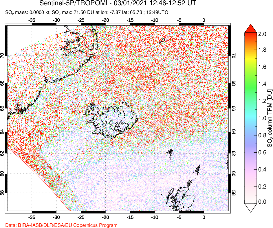 A sulfur dioxide image over Iceland on Mar 01, 2021.