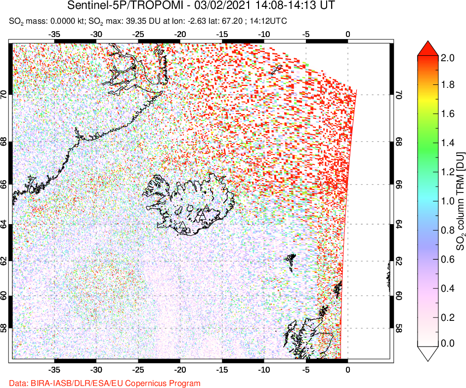 A sulfur dioxide image over Iceland on Mar 02, 2021.