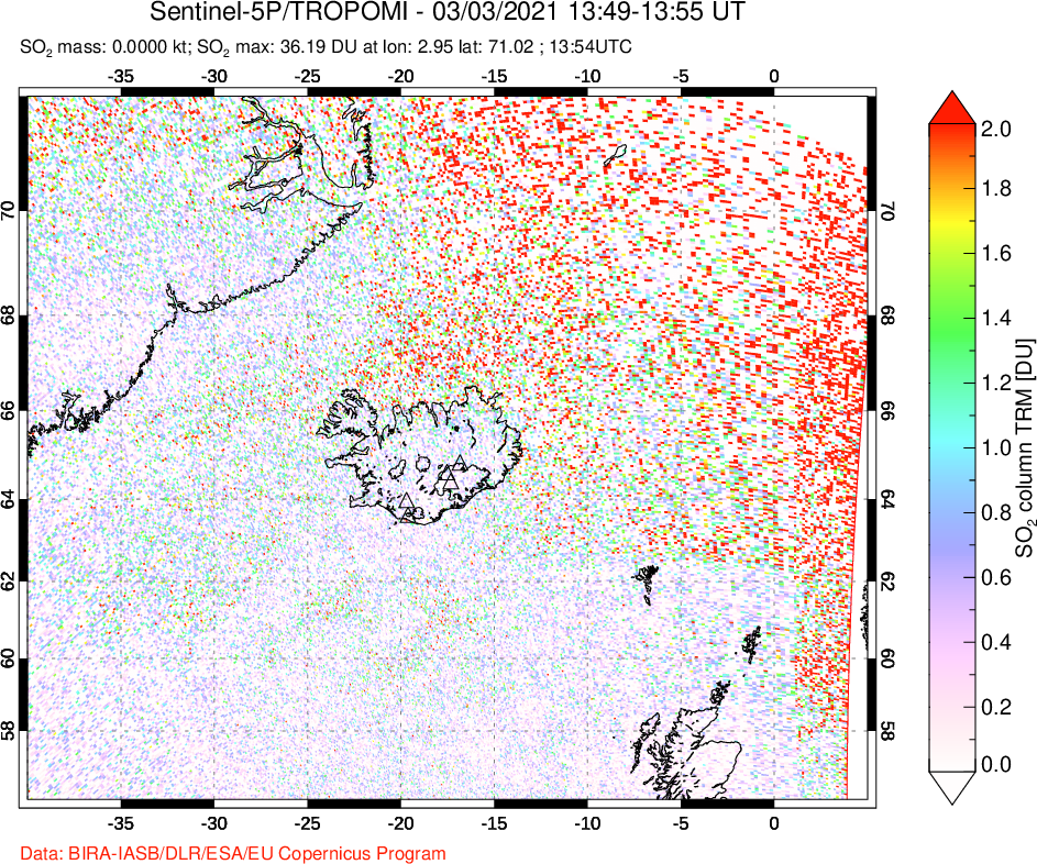 A sulfur dioxide image over Iceland on Mar 03, 2021.