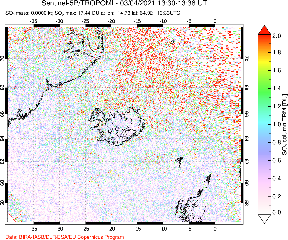 A sulfur dioxide image over Iceland on Mar 04, 2021.