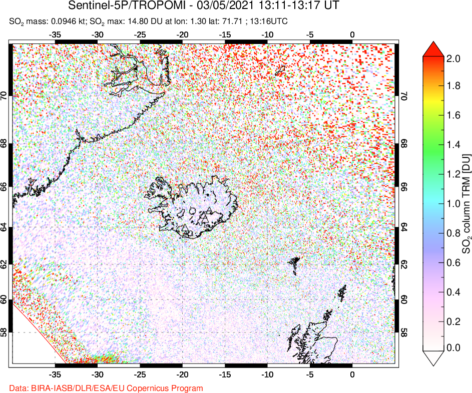 A sulfur dioxide image over Iceland on Mar 05, 2021.