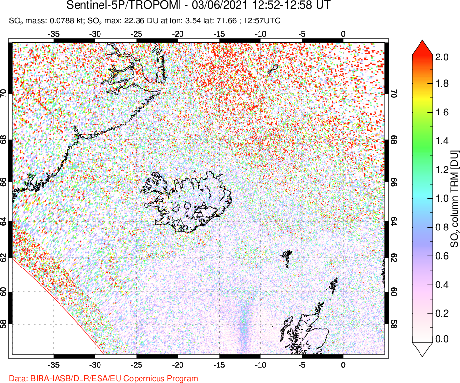 A sulfur dioxide image over Iceland on Mar 06, 2021.