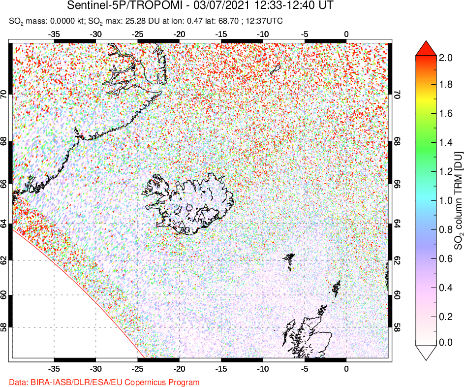 A sulfur dioxide image over Iceland on Mar 07, 2021.