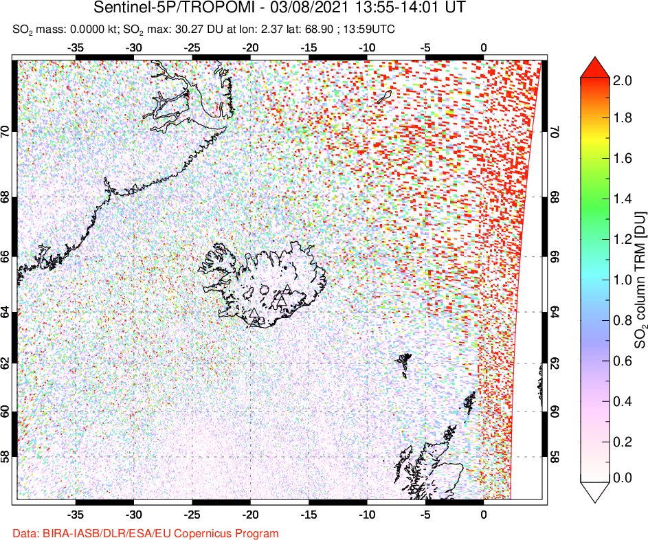 A sulfur dioxide image over Iceland on Mar 08, 2021.