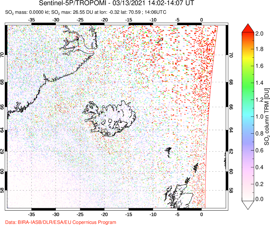 A sulfur dioxide image over Iceland on Mar 13, 2021.