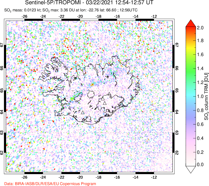 A sulfur dioxide image over Iceland on Mar 22, 2021.