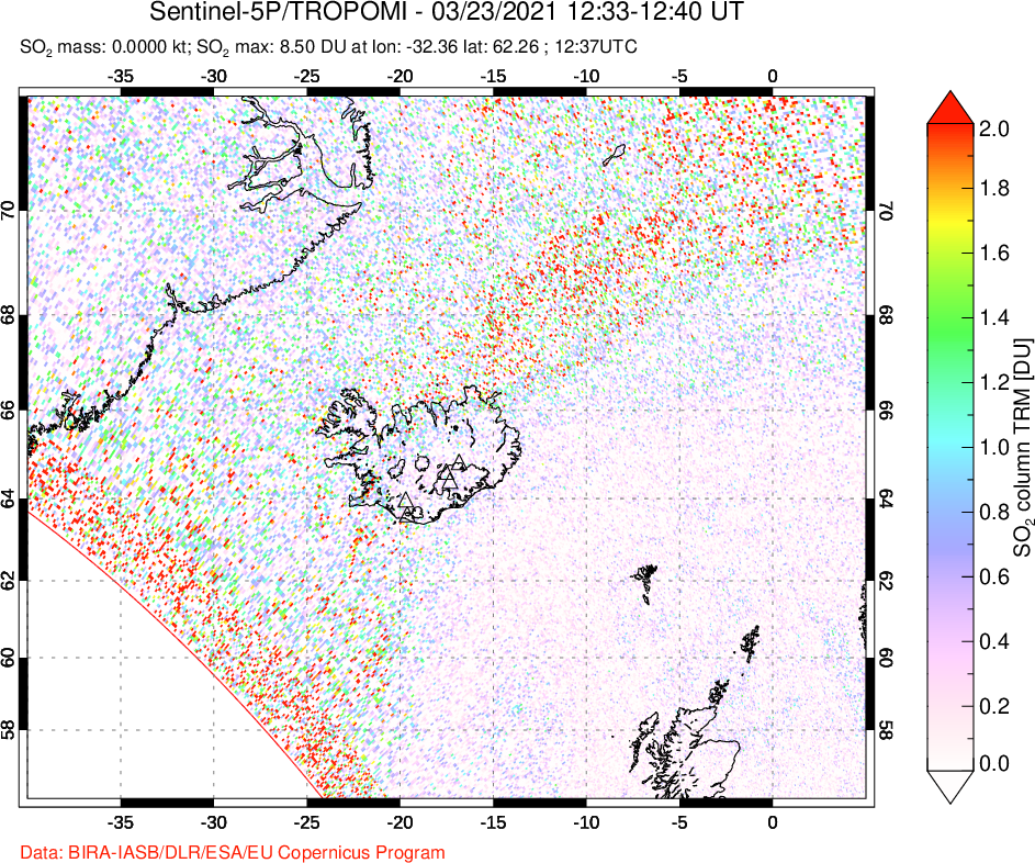A sulfur dioxide image over Iceland on Mar 23, 2021.