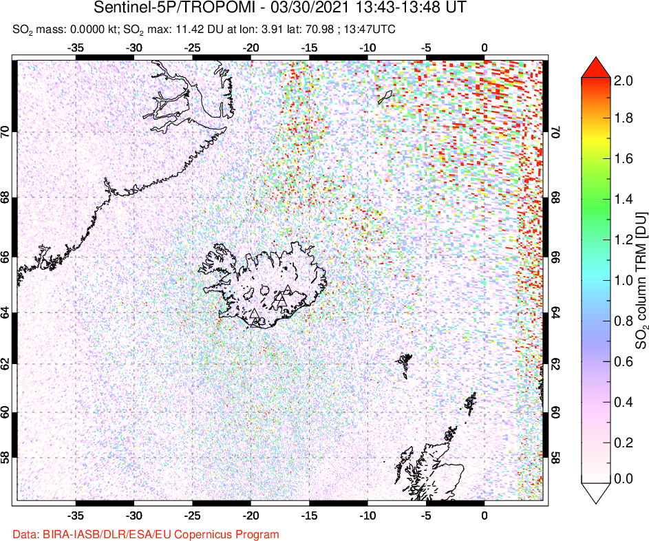 A sulfur dioxide image over Iceland on Mar 30, 2021.