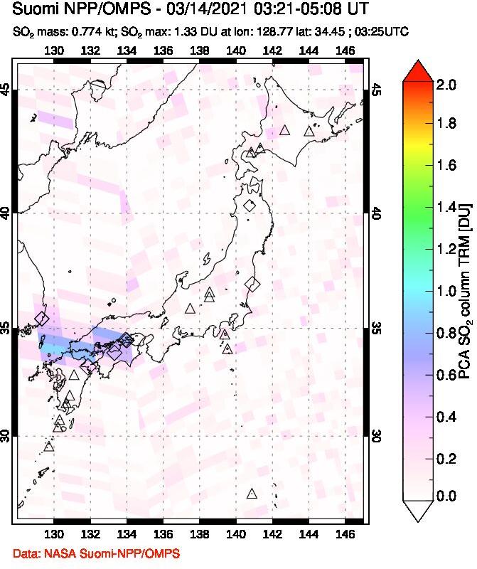 A sulfur dioxide image over Japan on Mar 14, 2021.