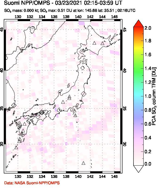 A sulfur dioxide image over Japan on Mar 23, 2021.