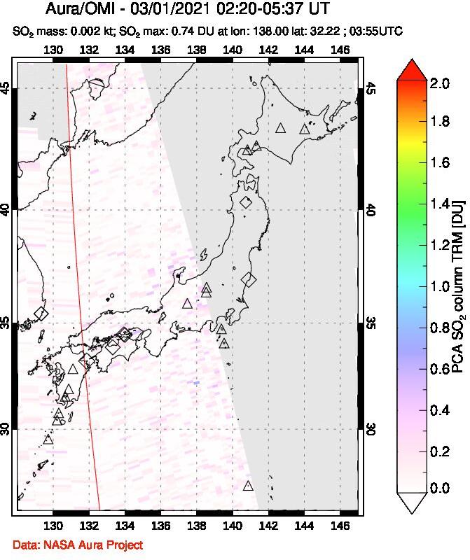 A sulfur dioxide image over Japan on Mar 01, 2021.