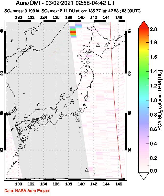 A sulfur dioxide image over Japan on Mar 02, 2021.