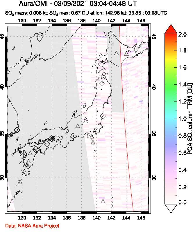 A sulfur dioxide image over Japan on Mar 09, 2021.