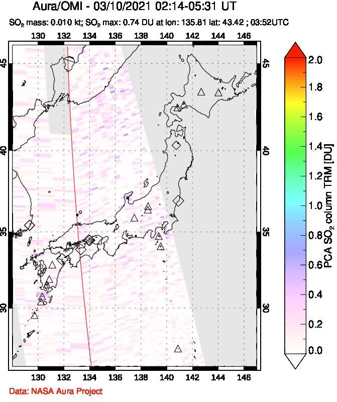 A sulfur dioxide image over Japan on Mar 10, 2021.