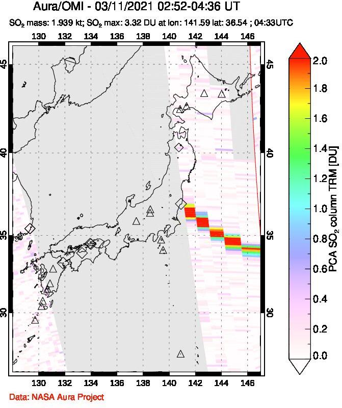 A sulfur dioxide image over Japan on Mar 11, 2021.