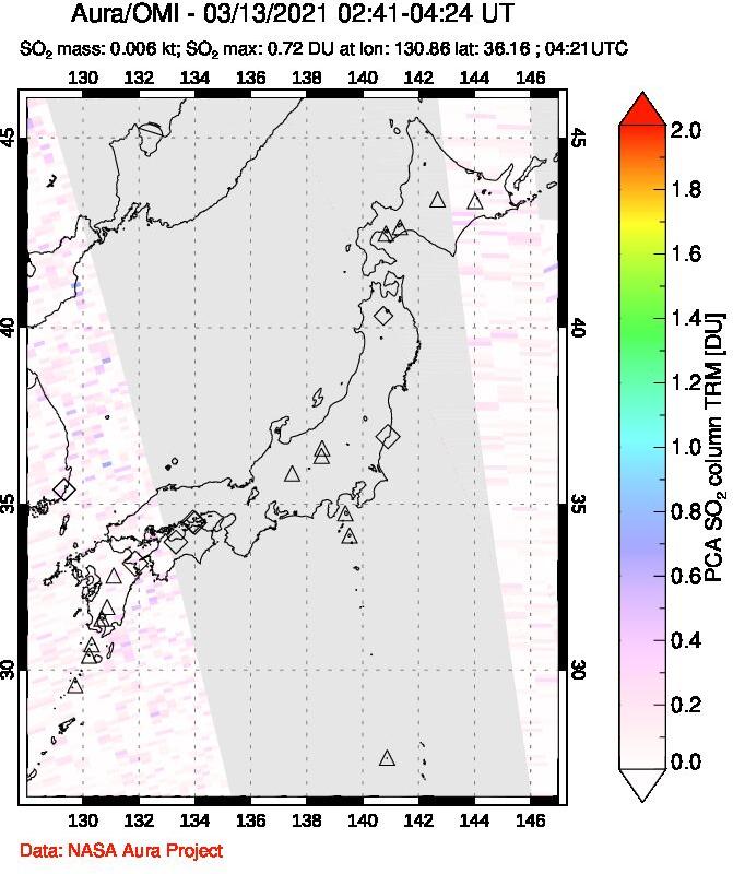 A sulfur dioxide image over Japan on Mar 13, 2021.