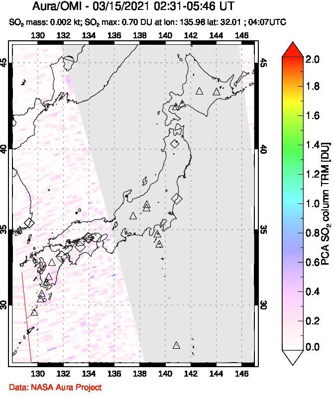 A sulfur dioxide image over Japan on Mar 15, 2021.