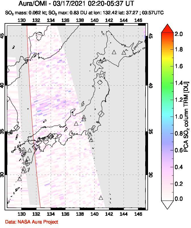 A sulfur dioxide image over Japan on Mar 17, 2021.