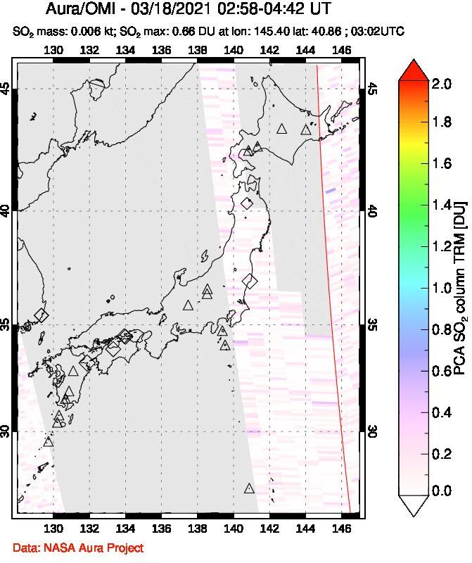 A sulfur dioxide image over Japan on Mar 18, 2021.