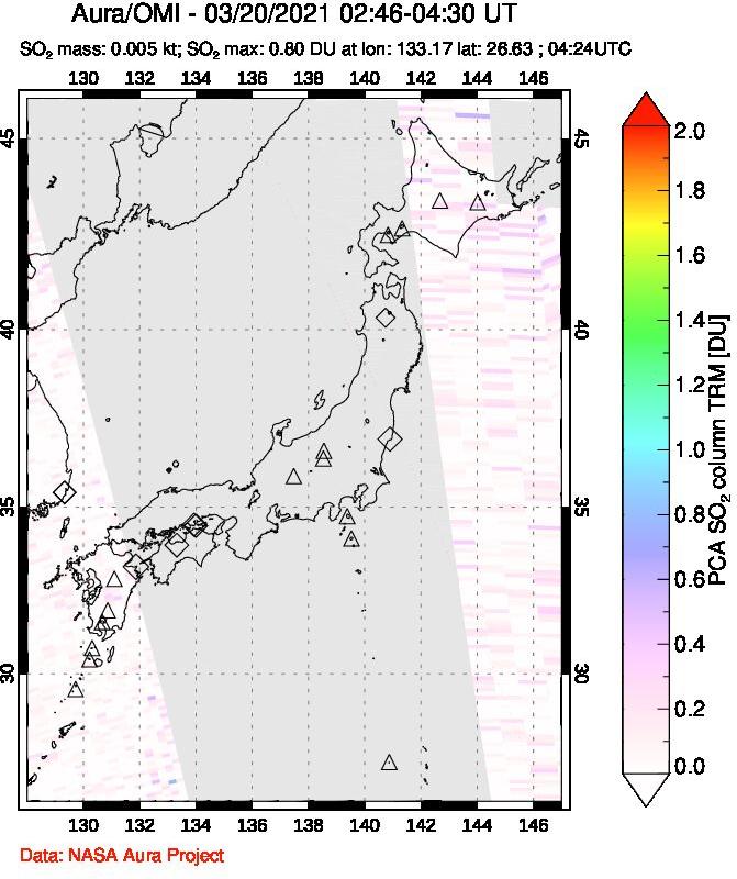 A sulfur dioxide image over Japan on Mar 20, 2021.