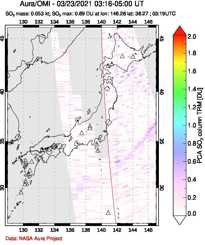 A sulfur dioxide image over Japan on Mar 23, 2021.