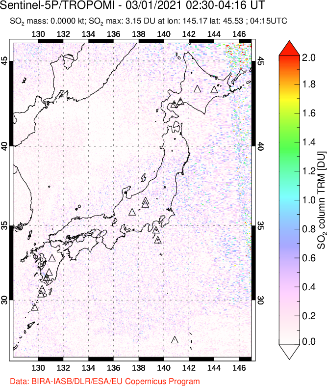 A sulfur dioxide image over Japan on Mar 01, 2021.
