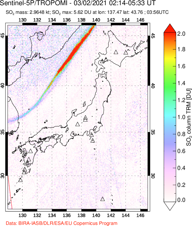 A sulfur dioxide image over Japan on Mar 02, 2021.