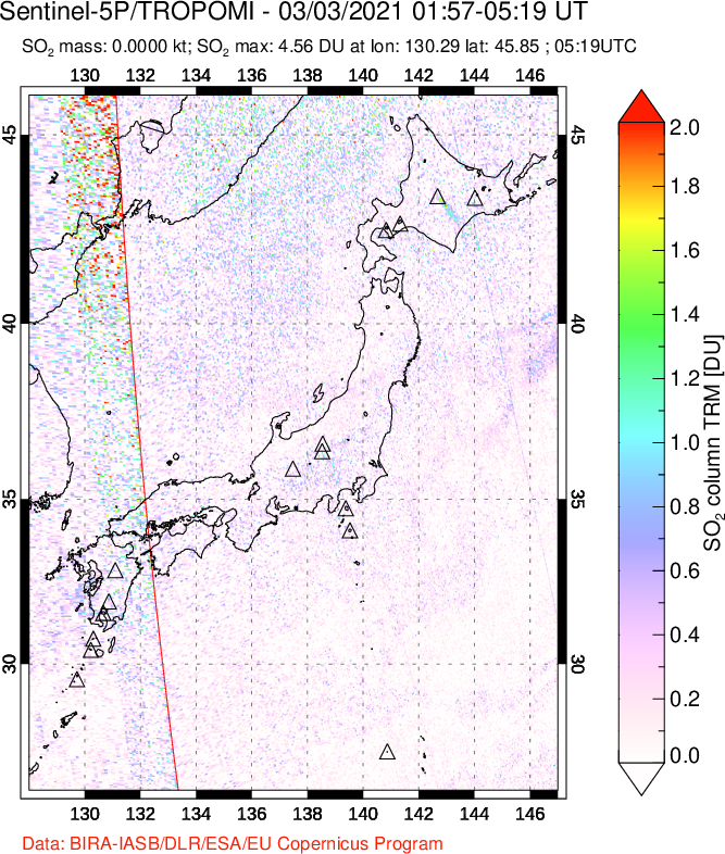 A sulfur dioxide image over Japan on Mar 03, 2021.