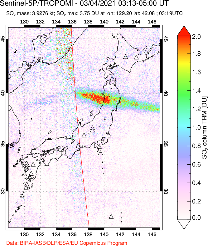 A sulfur dioxide image over Japan on Mar 04, 2021.