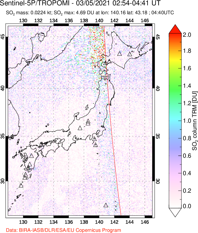 A sulfur dioxide image over Japan on Mar 05, 2021.