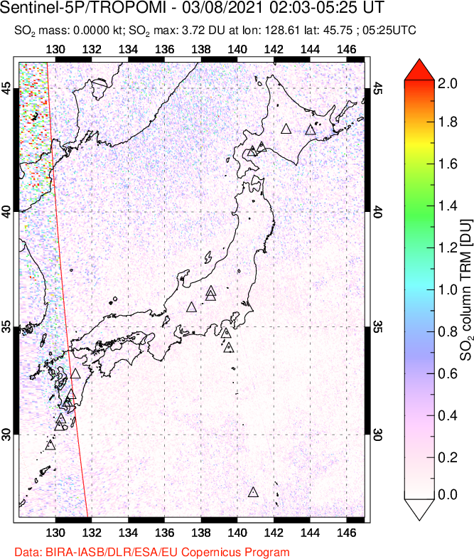 A sulfur dioxide image over Japan on Mar 08, 2021.