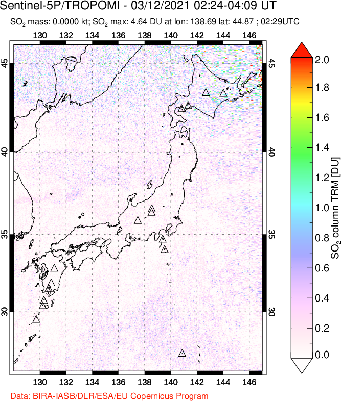 A sulfur dioxide image over Japan on Mar 12, 2021.