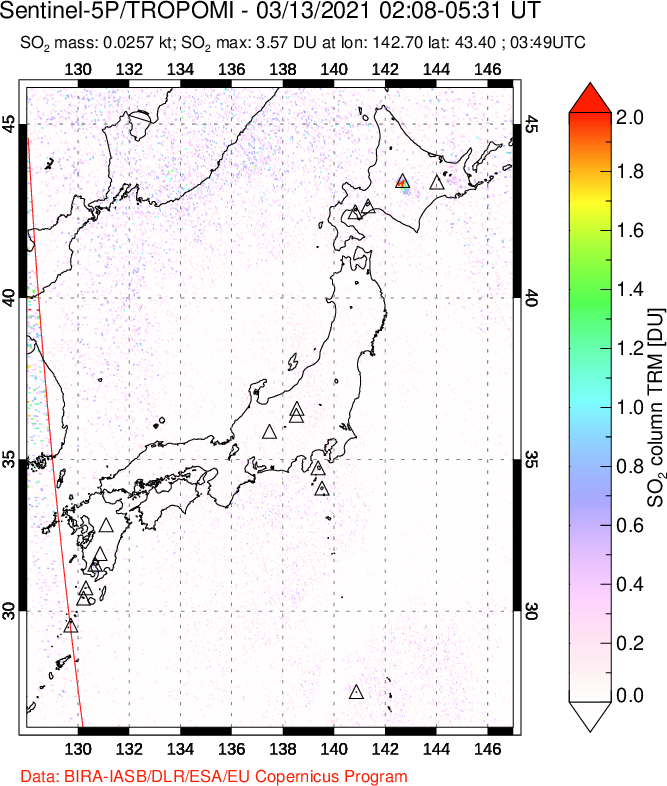 A sulfur dioxide image over Japan on Mar 13, 2021.
