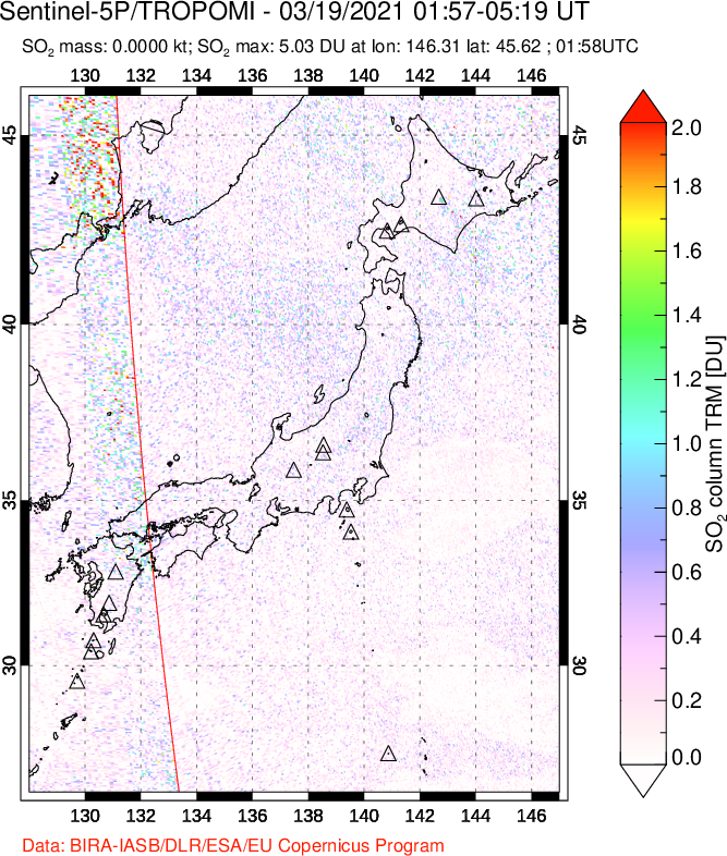A sulfur dioxide image over Japan on Mar 19, 2021.