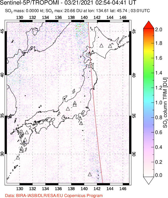 A sulfur dioxide image over Japan on Mar 21, 2021.