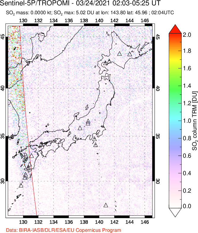A sulfur dioxide image over Japan on Mar 24, 2021.