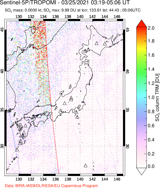 A sulfur dioxide image over Japan on Mar 25, 2021.