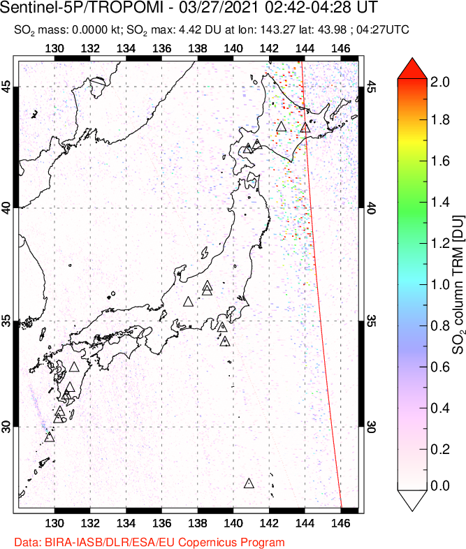 A sulfur dioxide image over Japan on Mar 27, 2021.