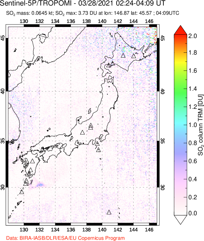 A sulfur dioxide image over Japan on Mar 28, 2021.