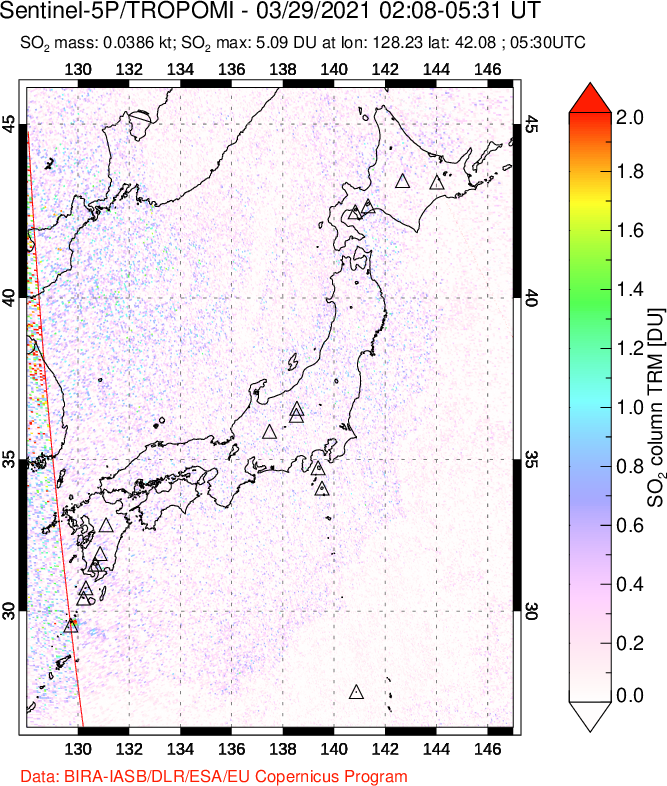 A sulfur dioxide image over Japan on Mar 29, 2021.