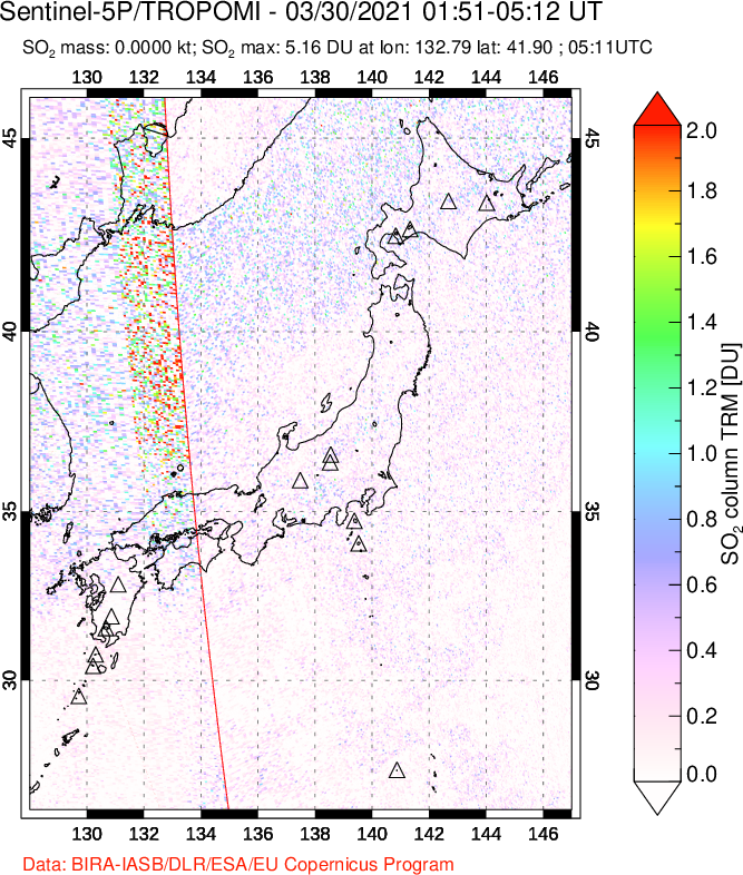 A sulfur dioxide image over Japan on Mar 30, 2021.