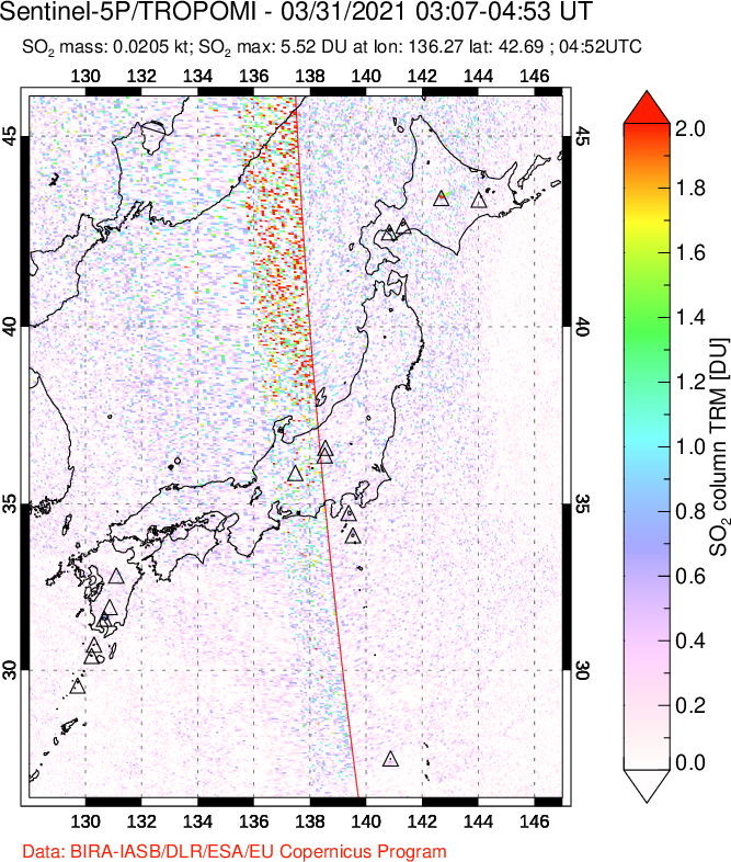 A sulfur dioxide image over Japan on Mar 31, 2021.