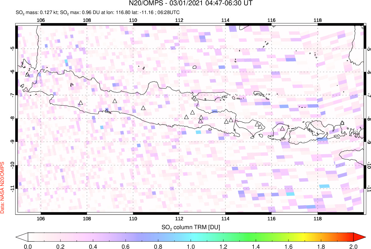 A sulfur dioxide image over Java, Indonesia on Mar 01, 2021.