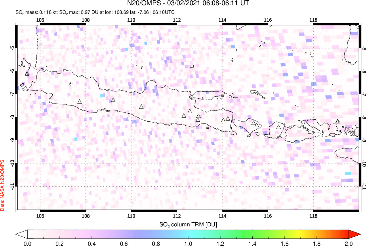 A sulfur dioxide image over Java, Indonesia on Mar 02, 2021.