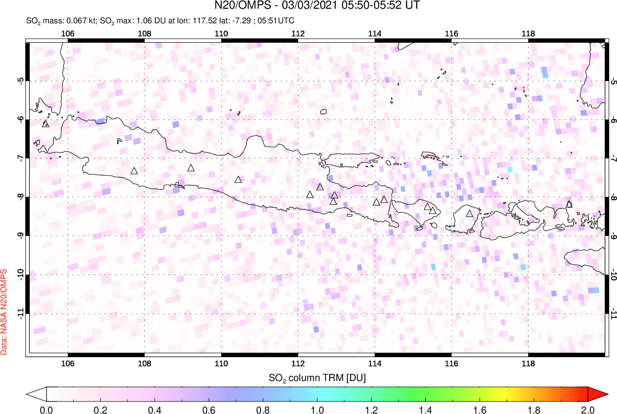 A sulfur dioxide image over Java, Indonesia on Mar 03, 2021.